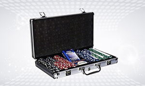 Poker case with chips, dice, 2 decks of cards, a Dealer button and a booklet