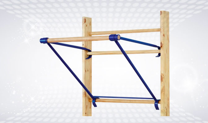 Wooden chin-up bar with blue elastics