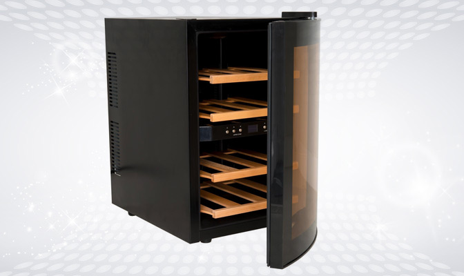 Black wine cellar with 4 compartments for 12 bottles